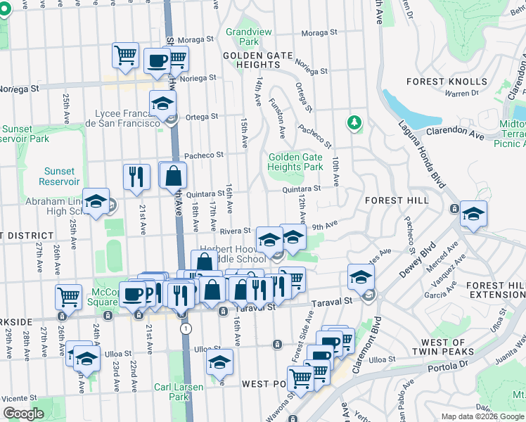 map of restaurants, bars, coffee shops, grocery stores, and more near 2151 14th Avenue in San Francisco