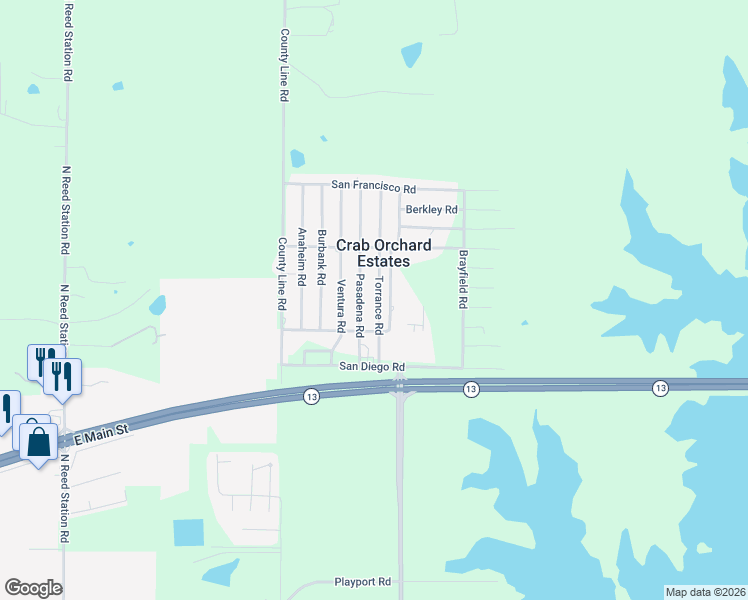 map of restaurants, bars, coffee shops, grocery stores, and more near 10754 Torrance Rd in Carbondale