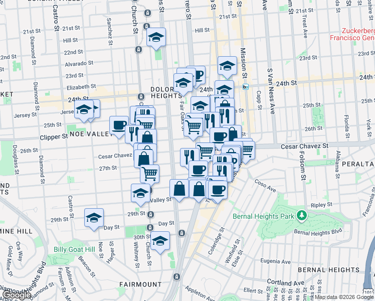 map of restaurants, bars, coffee shops, grocery stores, and more near 3738 Cesar Chavez St in San Francisco