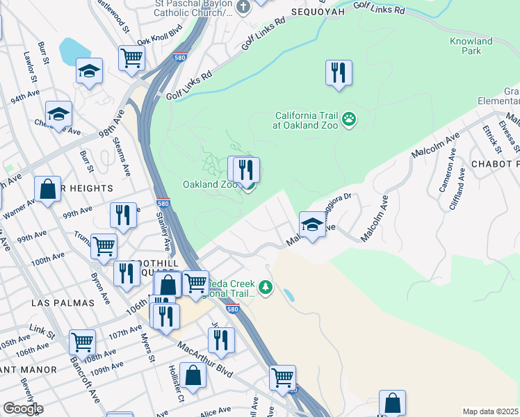 map of restaurants, bars, coffee shops, grocery stores, and more near 10505 Mark Street in Oakland