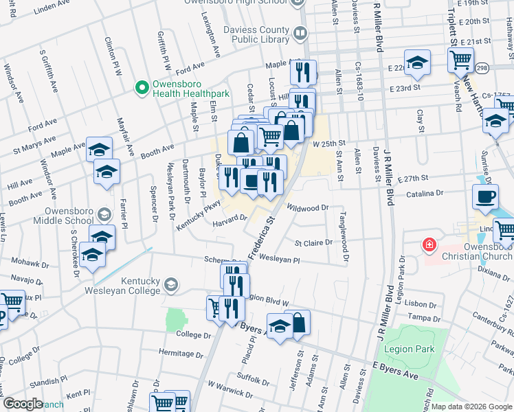 map of restaurants, bars, coffee shops, grocery stores, and more near 598 Emory Dr in Owensboro