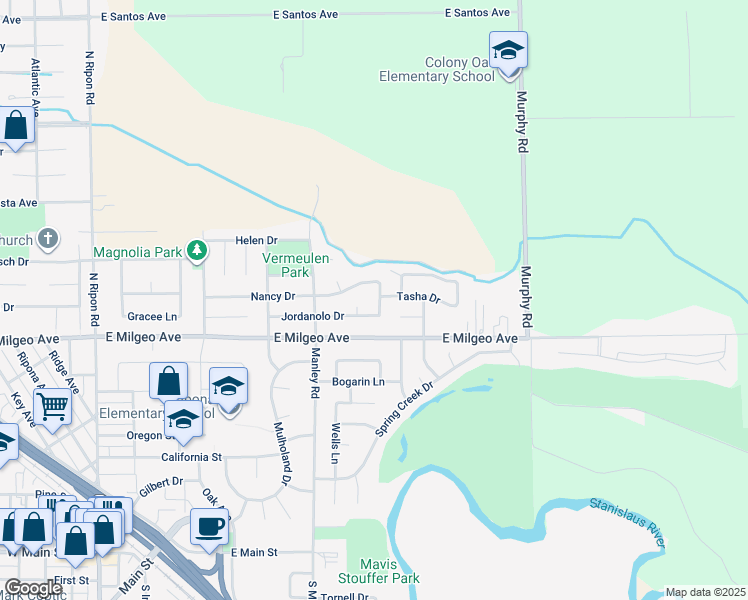 map of restaurants, bars, coffee shops, grocery stores, and more near 968 Georgeann Place in Ripon