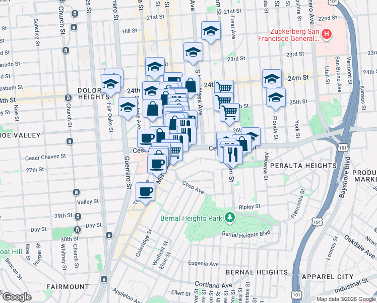 map of restaurants, bars, coffee shops, grocery stores, and more near 185 Precita Avenue in San Francisco