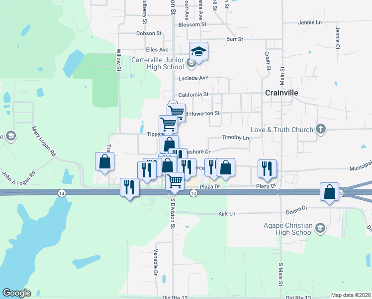 map of restaurants, bars, coffee shops, grocery stores, and more near 101-299 Lakeshore Dr in Carterville