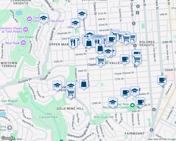 map of restaurants, bars, coffee shops, grocery stores, and more near 26th St & Diamond St in San Francisco