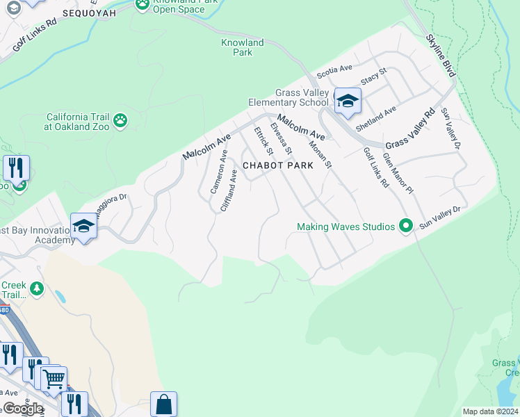 map of restaurants, bars, coffee shops, grocery stores, and more near 11165 Lochard Street in Oakland