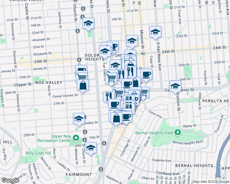 map of restaurants, bars, coffee shops, grocery stores, and more near Cesar Chavez St & Guerrero St in San Francisco