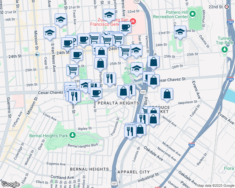 map of restaurants, bars, coffee shops, grocery stores, and more near in San Francisco