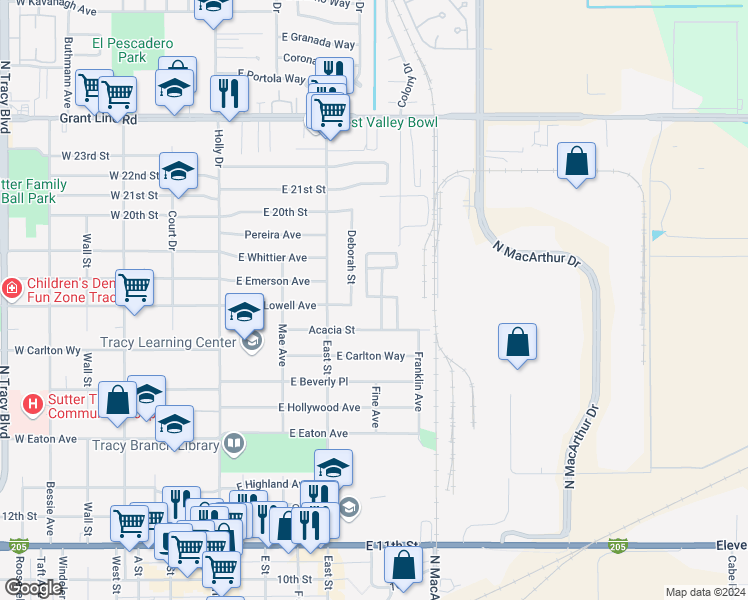 map of restaurants, bars, coffee shops, grocery stores, and more near 341 Acacia Street in Tracy