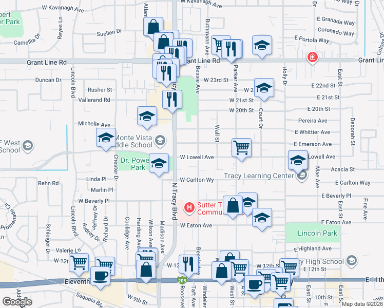 map of restaurants, bars, coffee shops, grocery stores, and more near 536 West Lowell Avenue in Tracy