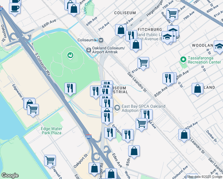 map of restaurants, bars, coffee shops, grocery stores, and more near in Oakland