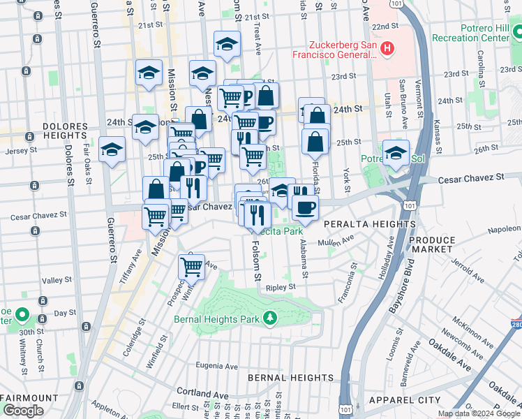 map of restaurants, bars, coffee shops, grocery stores, and more near 3147 Folsom Street in San Francisco
