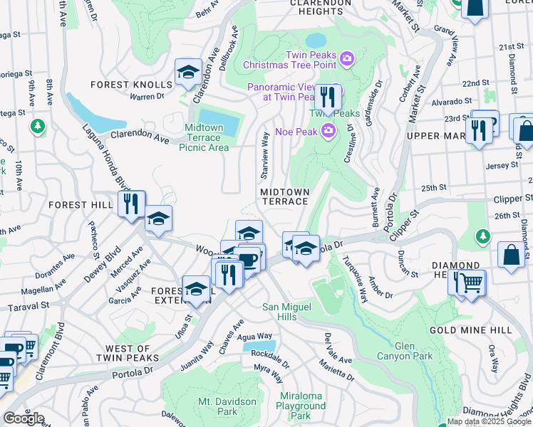 map of restaurants, bars, coffee shops, grocery stores, and more near 100 Panorama Drive in San Francisco