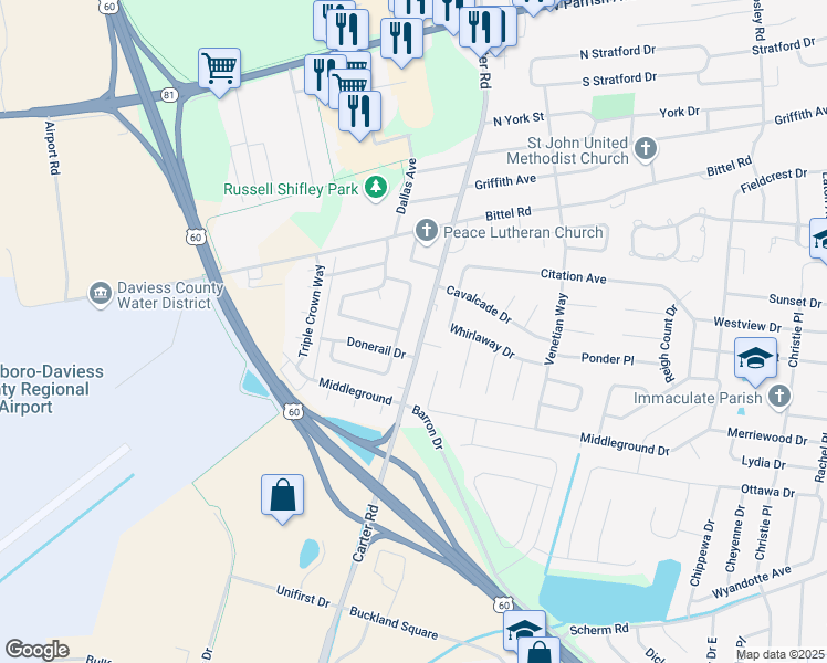 map of restaurants, bars, coffee shops, grocery stores, and more near 2360 Carter Road in Owensboro