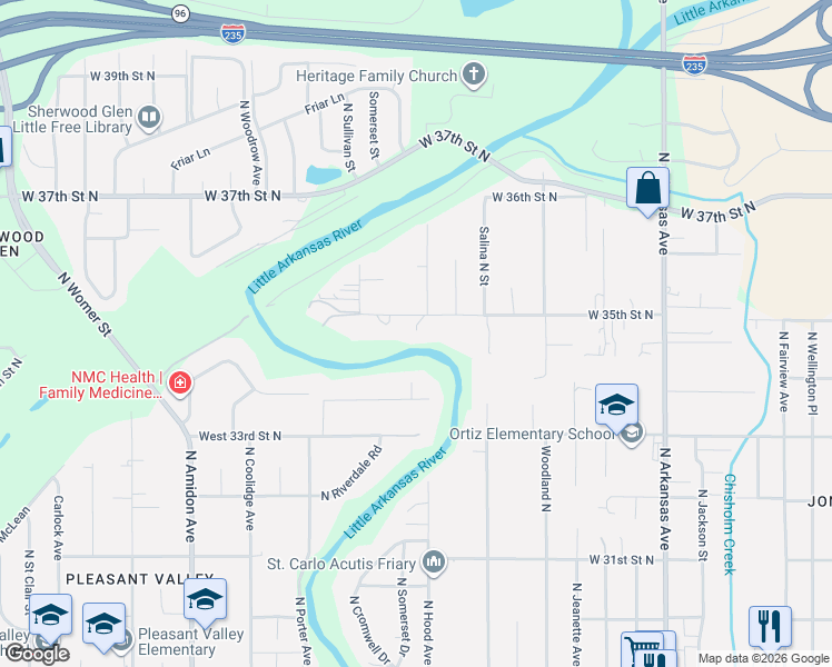 map of restaurants, bars, coffee shops, grocery stores, and more near 1521 W 35th Street North in Wichita
