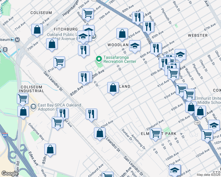 map of restaurants, bars, coffee shops, grocery stores, and more near 965 89th Avenue in Oakland