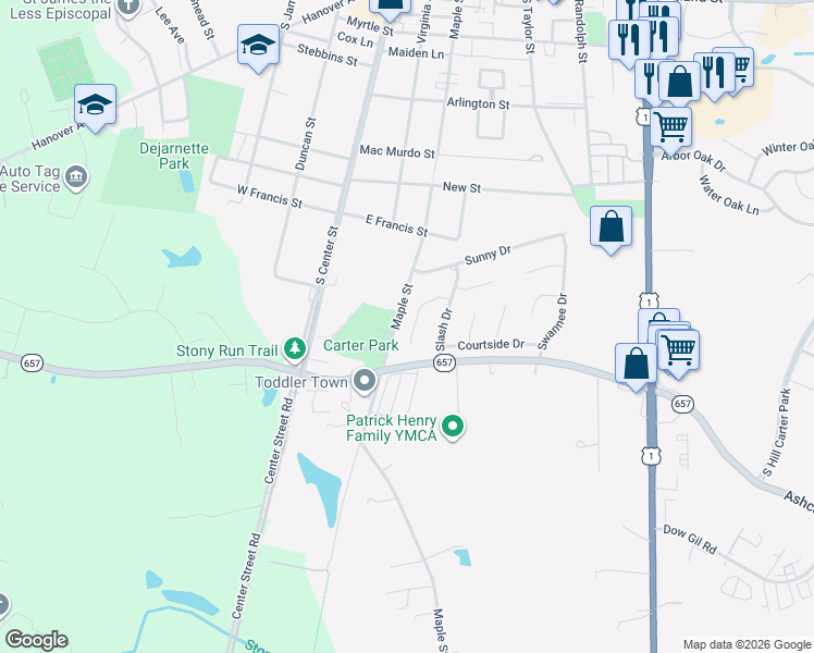 map of restaurants, bars, coffee shops, grocery stores, and more near 121 Five Oaks Lane in Ashland