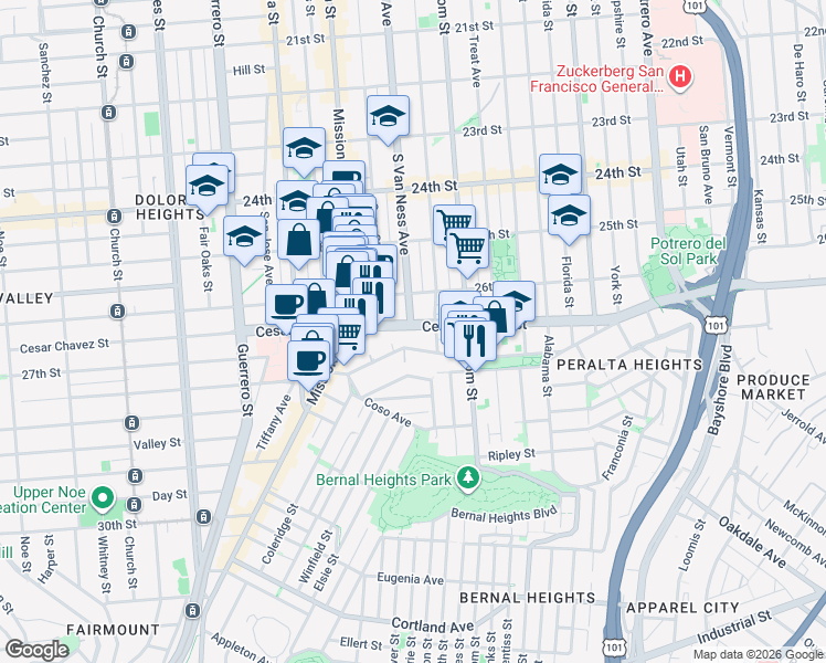 map of restaurants, bars, coffee shops, grocery stores, and more near 187 Precita Avenue in San Francisco
