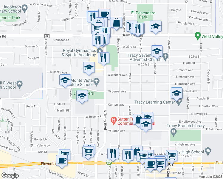 map of restaurants, bars, coffee shops, grocery stores, and more near 543 West Lowell Avenue in Tracy