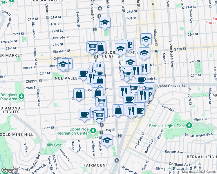 map of restaurants, bars, coffee shops, grocery stores, and more near 3821 Cesar Chavez in San Francisco