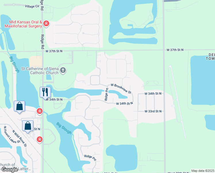 map of restaurants, bars, coffee shops, grocery stores, and more near West Brookview Street in Wichita