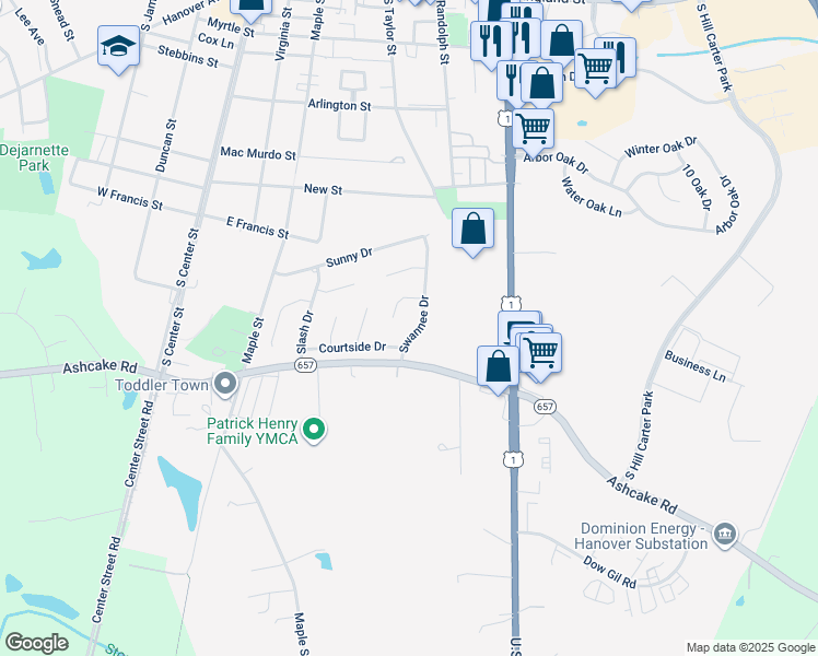 map of restaurants, bars, coffee shops, grocery stores, and more near 108 Swannee Drive in Ashland