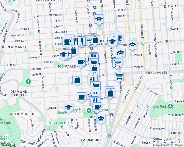 map of restaurants, bars, coffee shops, grocery stores, and more near 1416 Church Street in San Francisco