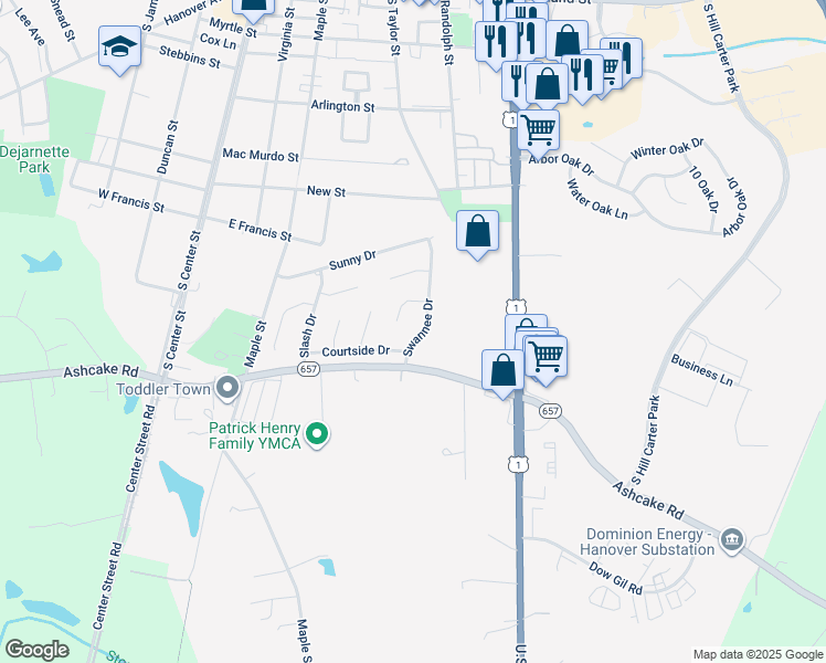 map of restaurants, bars, coffee shops, grocery stores, and more near 108 Swannee Drive in Ashland