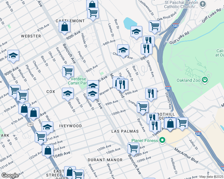 map of restaurants, bars, coffee shops, grocery stores, and more near 9850 Elmar Avenue in Oakland