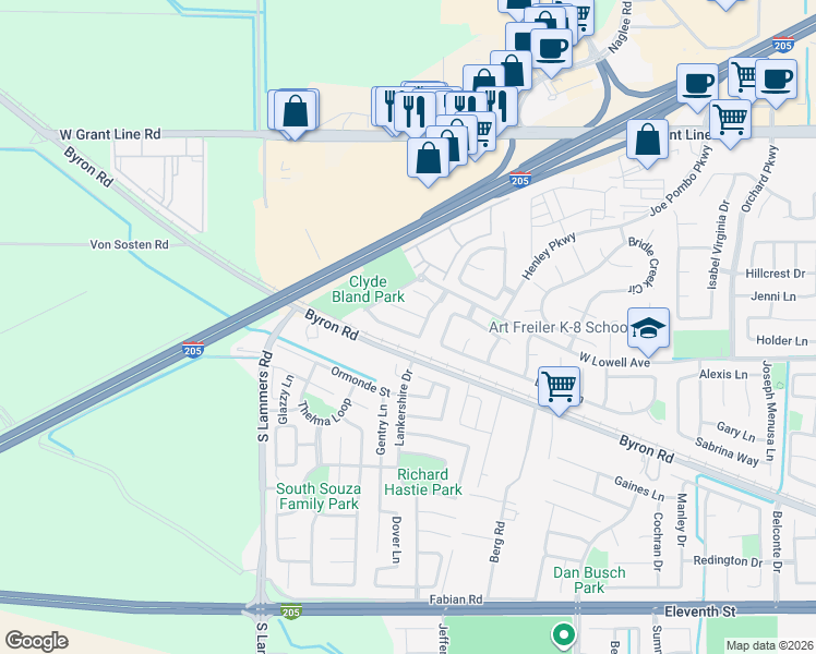 map of restaurants, bars, coffee shops, grocery stores, and more near 2954 Ferndown Lane in Tracy