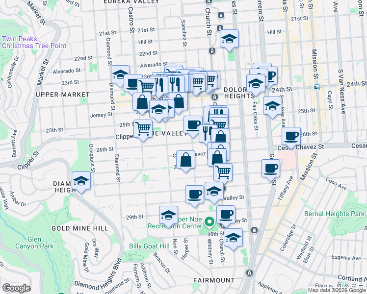 map of restaurants, bars, coffee shops, grocery stores, and more near 4035 Cesar Chavez in San Francisco