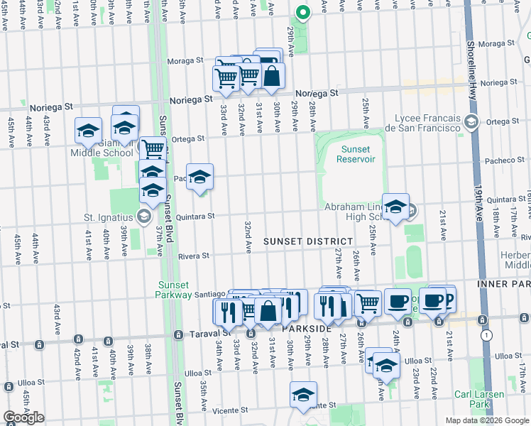 map of restaurants, bars, coffee shops, grocery stores, and more near 31st Avenue & Quintara Street in San Francisco
