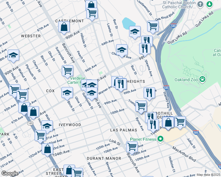 map of restaurants, bars, coffee shops, grocery stores, and more near 9850 Elmar Avenue in Oakland