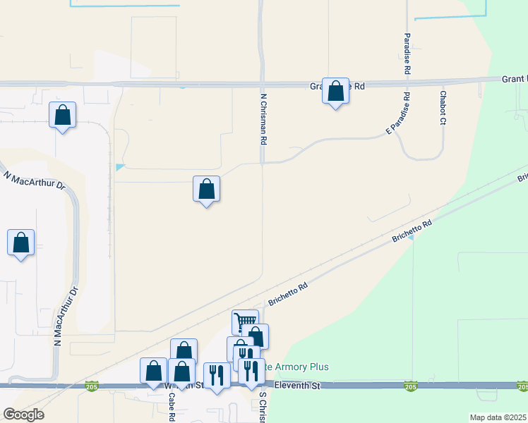 map of restaurants, bars, coffee shops, grocery stores, and more near 1705 Chrisman Road in Tracy