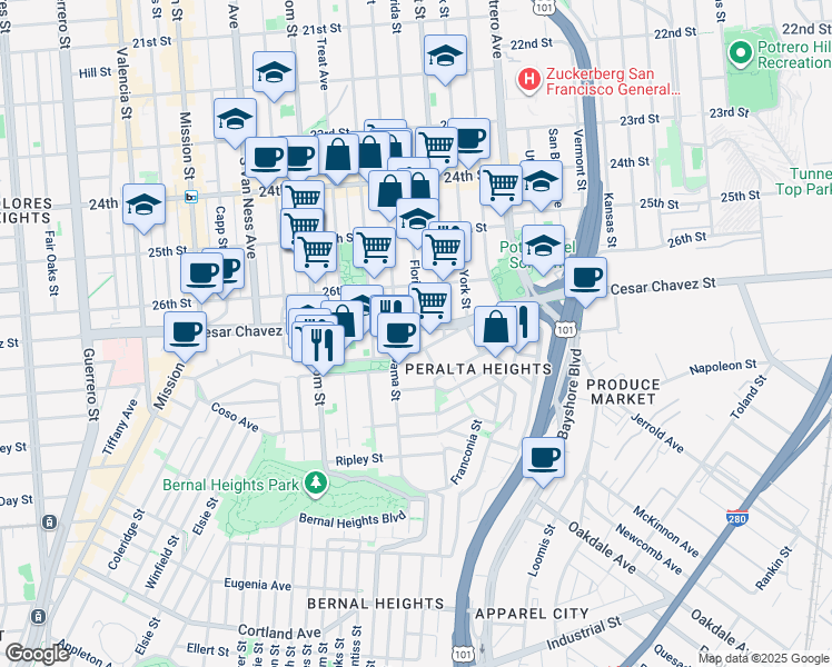 map of restaurants, bars, coffee shops, grocery stores, and more near in San Francisco