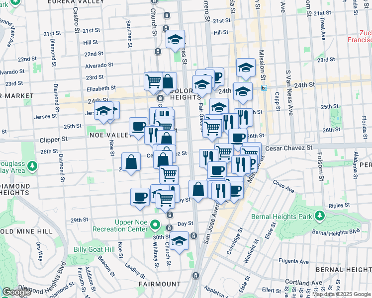 map of restaurants, bars, coffee shops, grocery stores, and more near 3821 Cesar Chavez in San Francisco