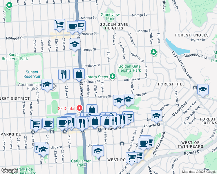 map of restaurants, bars, coffee shops, grocery stores, and more near 2169 15th Avenue in San Francisco