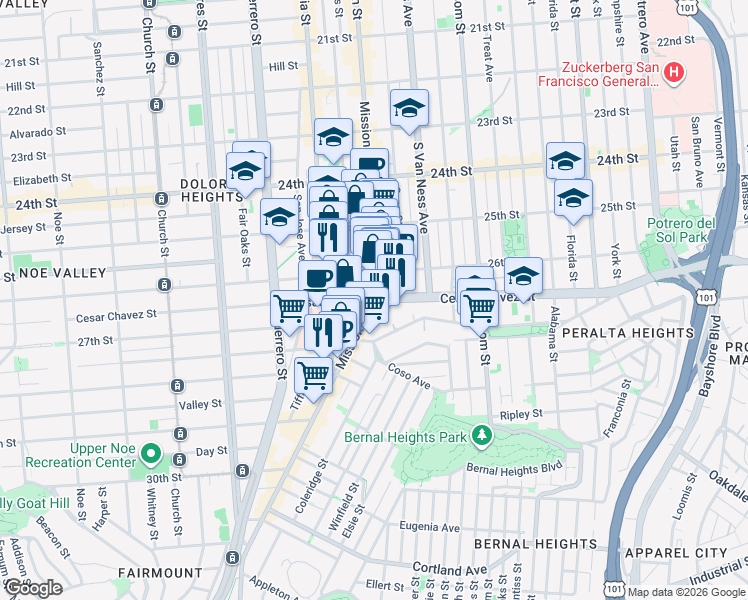map of restaurants, bars, coffee shops, grocery stores, and more near Cesar Chavez Street & Mission Street in San Francisco