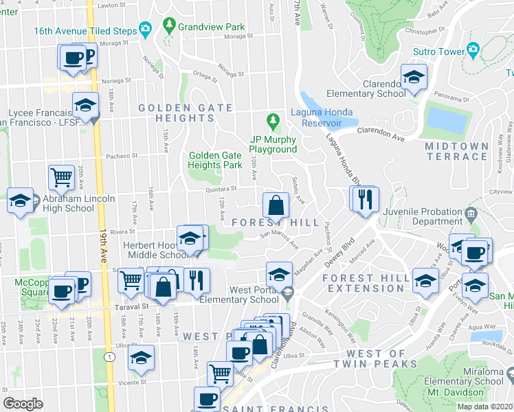 map of restaurants, bars, coffee shops, grocery stores, and more near 10th Avenue & Mendosa Avenue in San Francisco