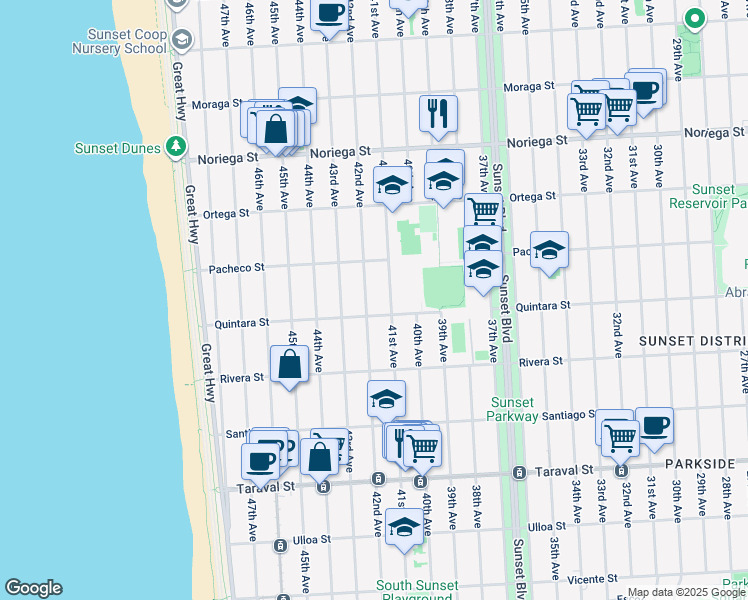 map of restaurants, bars, coffee shops, grocery stores, and more near 2070 42nd Avenue in San Francisco