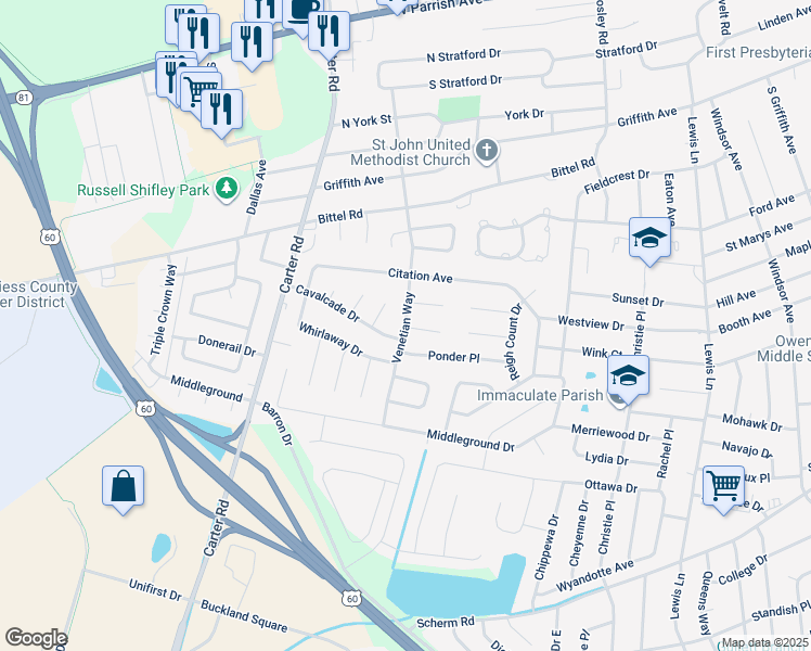 map of restaurants, bars, coffee shops, grocery stores, and more near 2296 Venetian Way in Owensboro