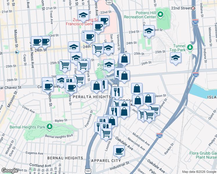 map of restaurants, bars, coffee shops, grocery stores, and more near Peralta Ave & Holladay Ave in San Francisco