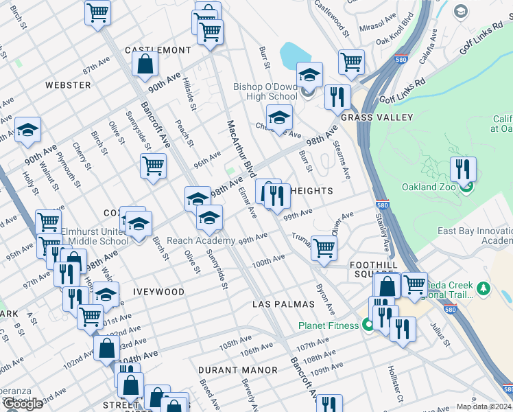 map of restaurants, bars, coffee shops, grocery stores, and more near 2408 Warner Avenue in Oakland