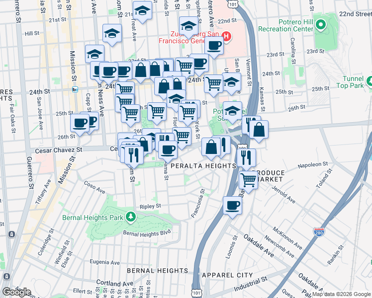 map of restaurants, bars, coffee shops, grocery stores, and more near 290-2 Bryant Street in San Francisco