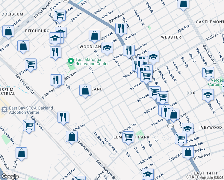 map of restaurants, bars, coffee shops, grocery stores, and more near 1139 90th Avenue in Oakland