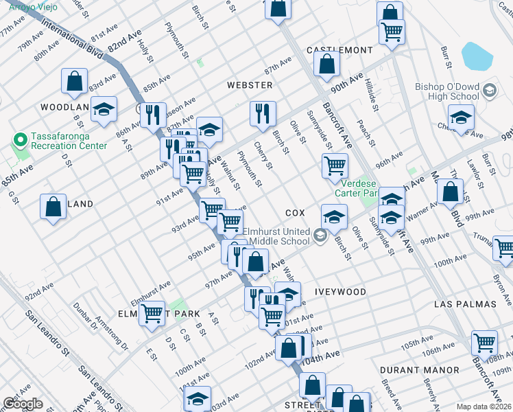 map of restaurants, bars, coffee shops, grocery stores, and more near 1612 94th Avenue in Oakland