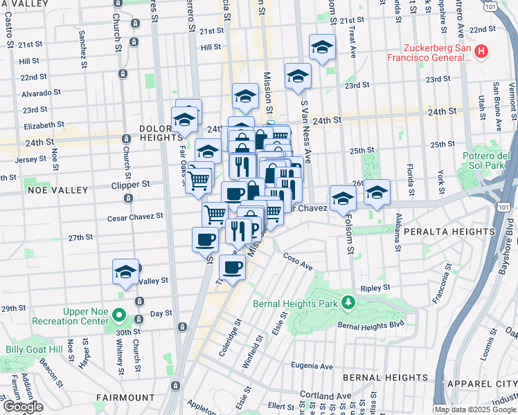 map of restaurants, bars, coffee shops, grocery stores, and more near Cesar Chavez St & Bartlett St in San Francisco