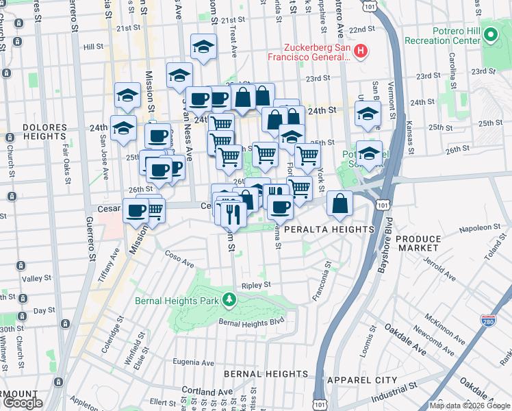 map of restaurants, bars, coffee shops, grocery stores, and more near in San Francisco