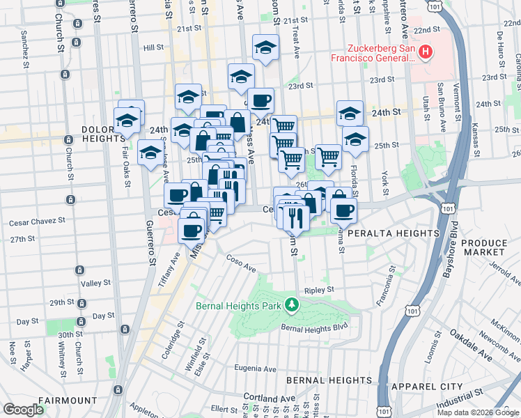 map of restaurants, bars, coffee shops, grocery stores, and more near 1350 Shotwell Street in San Francisco