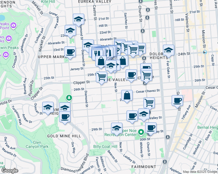 map of restaurants, bars, coffee shops, grocery stores, and more near 4182 Cesar Chavez in San Francisco